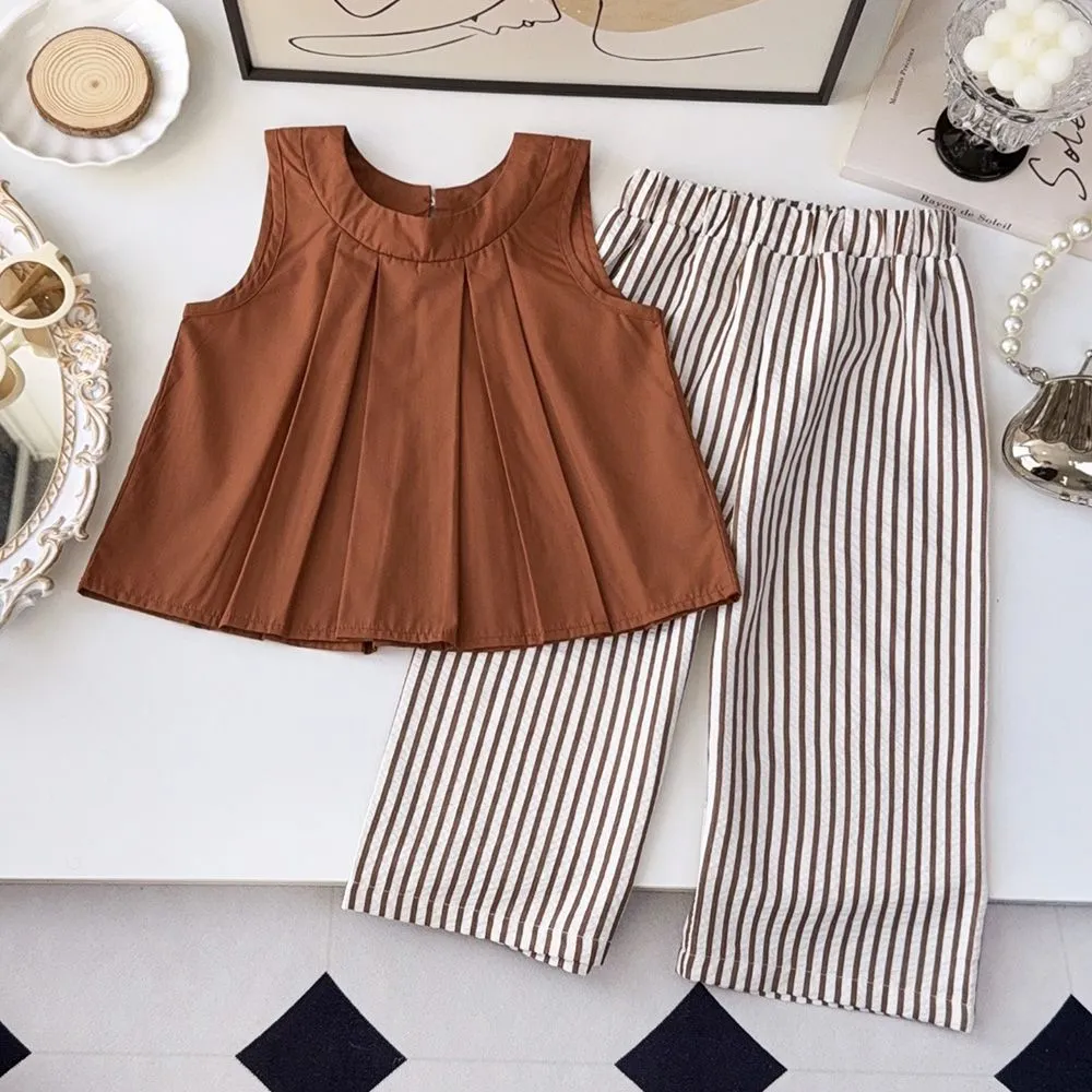 Kids Girls' Fashion Casual Summer Solid Color Sleeveless Tank Top Wide Leg Pants Two-Piece Set