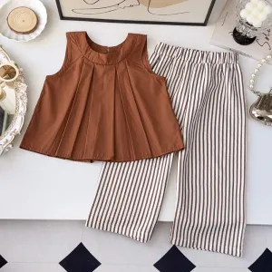 Kids Girls' Fashion Casual Summer Solid Color Sleeveless Tank Top Wide Leg Pants Two-Piece Set