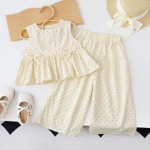Kids Girls Fashion Casual Summer Polka Dot Print Sleeveless Tank Top Thin Wide Leg Pants Two-Piece Set