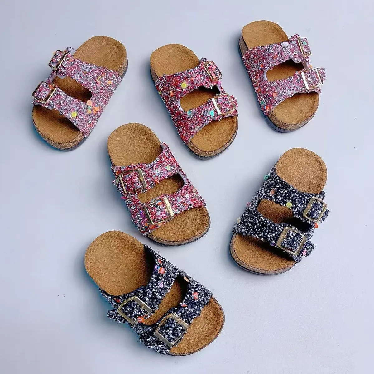 Kids Boys And Girls Fashion Casual Solid Color Double Buckle Cork Sole Non-Slip Slippers