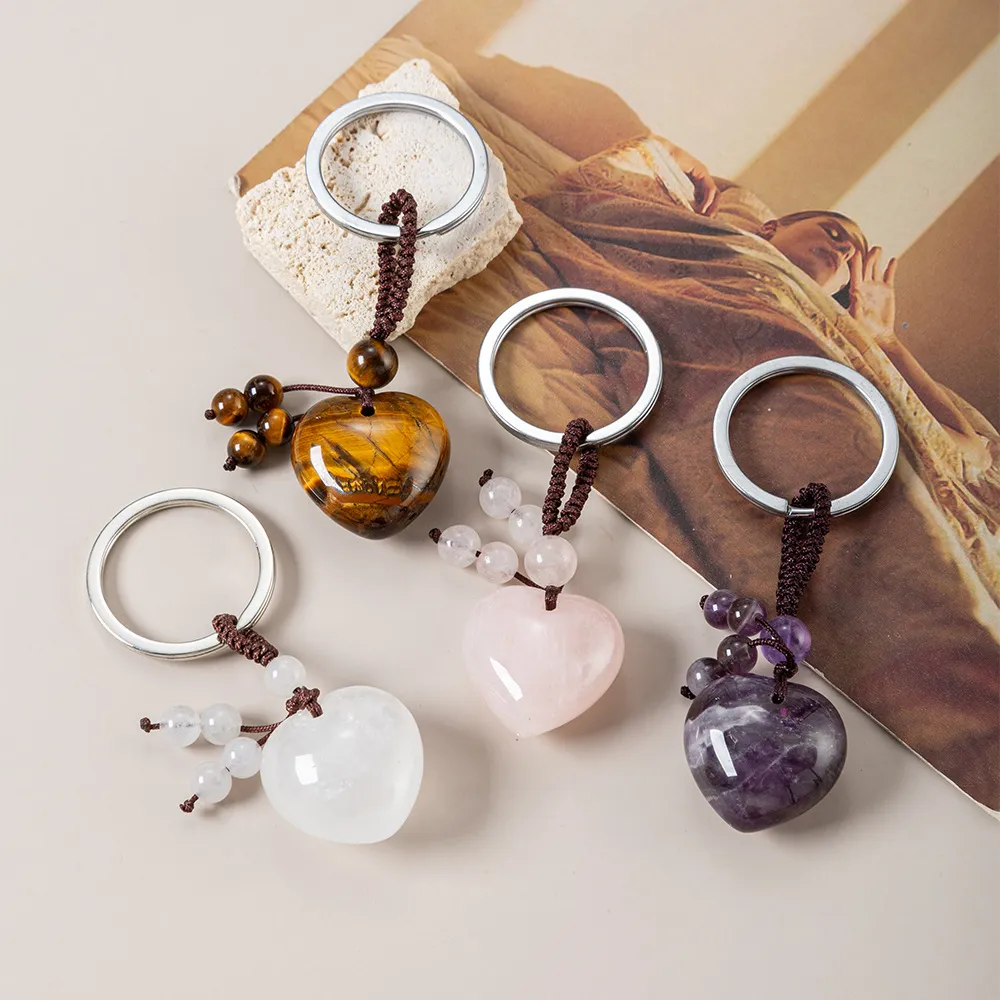 Fashion Agate Crystal Stone Heart Woven Keychain Pendant
