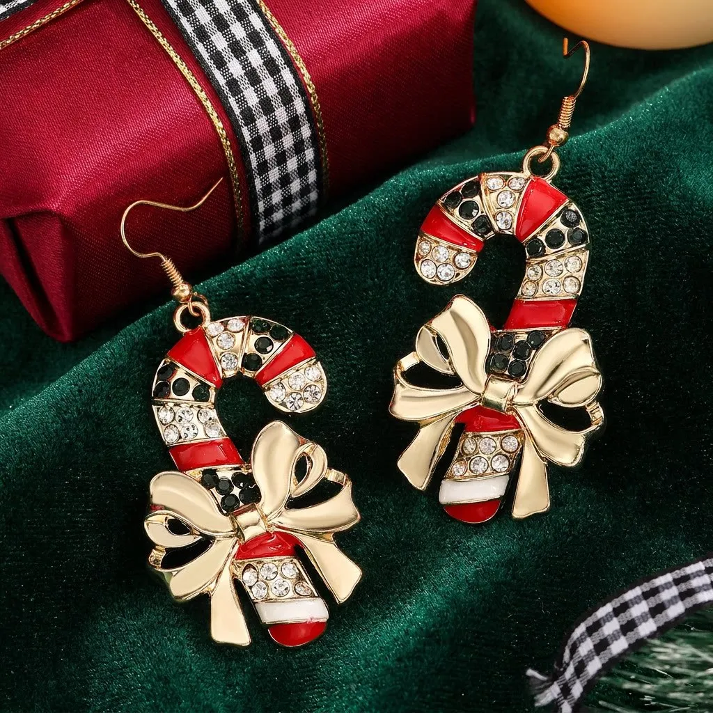 Christmas Rhinestone Bow Crutch Earrings