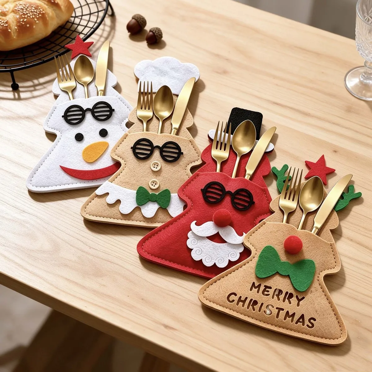 Christmas Cartoon Tableware Felt Santa Snowman Knife And Forks Holiday Party Table Decoration
