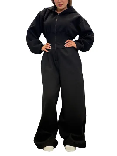 Women Fashion Casual Autumn And Winter Solid Color Long-Sleeve Zipper Elastic Tight Waist Jumpsuits