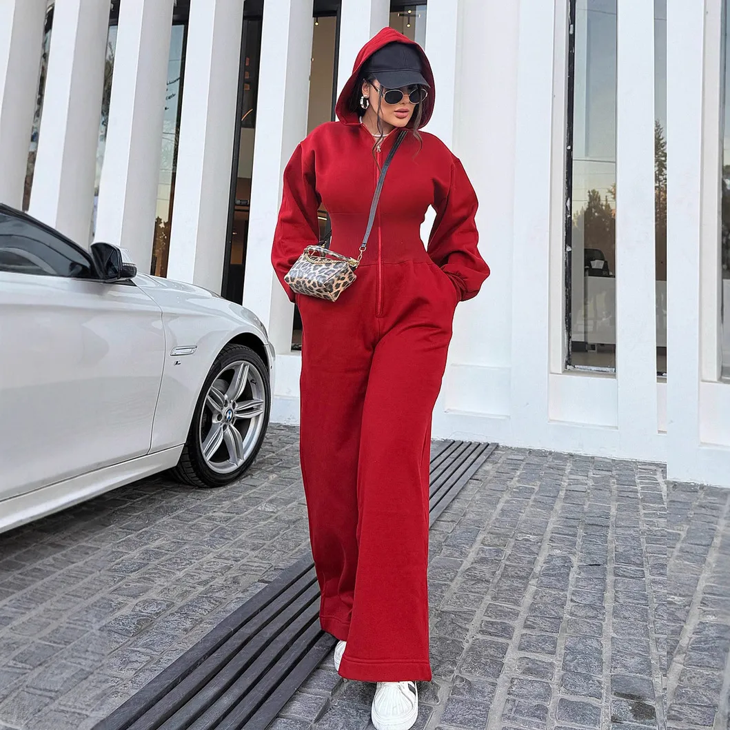 Women Fashion Casual Autumn And Winter Solid Color Long-Sleeve Zipper Elastic Tight Waist Jumpsuits