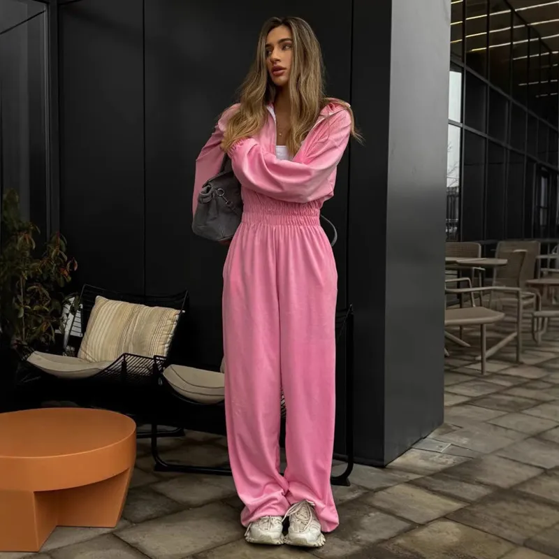 Women Fashion Casual Autumn And Winter Solid Color Long-Sleeve Half-Placket Jumpsuits