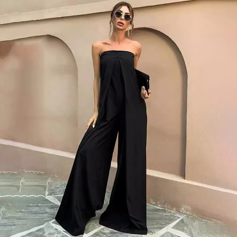 Women Fashion Spring And Summer Solid Color Tube Top Slim-Fit Jumpsuits