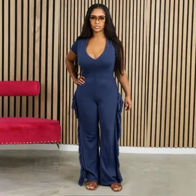 Women Fashion Casual Solid Color U-Neck Short-Sleeve Slim Fit Tassel Jumpsuit