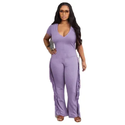 Women Fashion Casual Solid Color U-Neck Short-Sleeve Slim Fit Tassel Jumpsuit