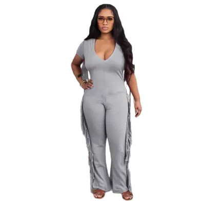 Women Fashion Casual Solid Color U-Neck Short-Sleeve Slim Fit Tassel Jumpsuit