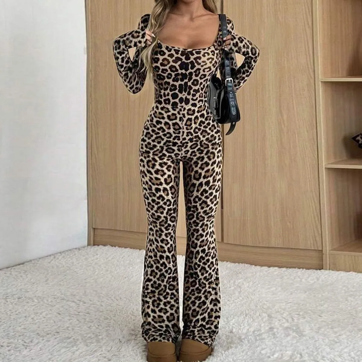 Women Fashion Leopard Printed Square-Neck Long-Sleeve Slim Fit Jumpsuits