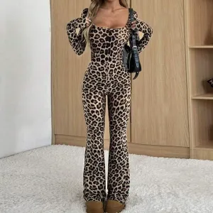 Women Fashion Leopard Printed Square-Neck Long-Sleeve Slim Fit Jumpsuits
