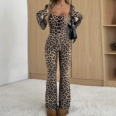 Women Fashion Leopard Printed Square-Neck Long-Sleeve Slim Fit Jumpsuits