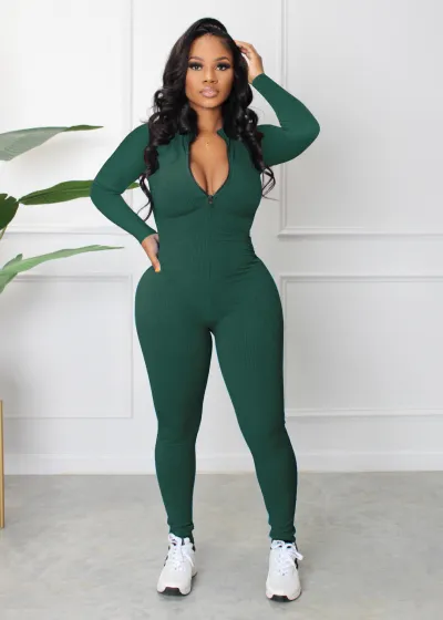 Women Fashion Autumn Solid Color Pit Zipper Long-Sleeve Tight Jumpsuits