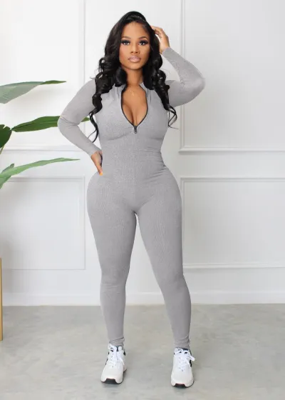 Women Fashion Autumn Solid Color Pit Zipper Long-Sleeve Tight Jumpsuits