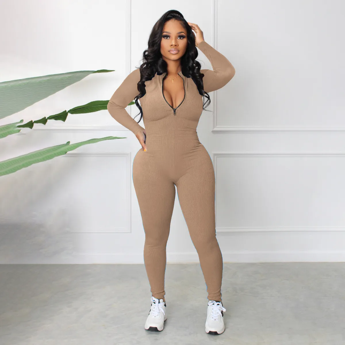 Women Fashion Autumn Solid Color Pit Zipper Long-Sleeve Tight Jumpsuits