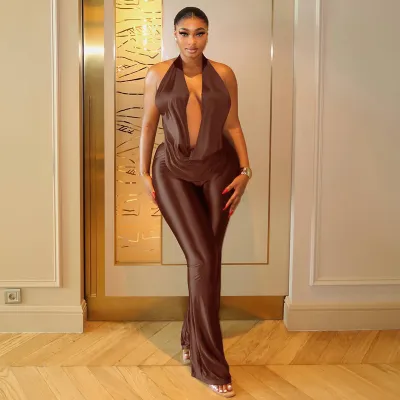 Women Fashion Sexy Solid Color Halter-Neck Swing Collar Pleated Slim-Fit Jumpsuit