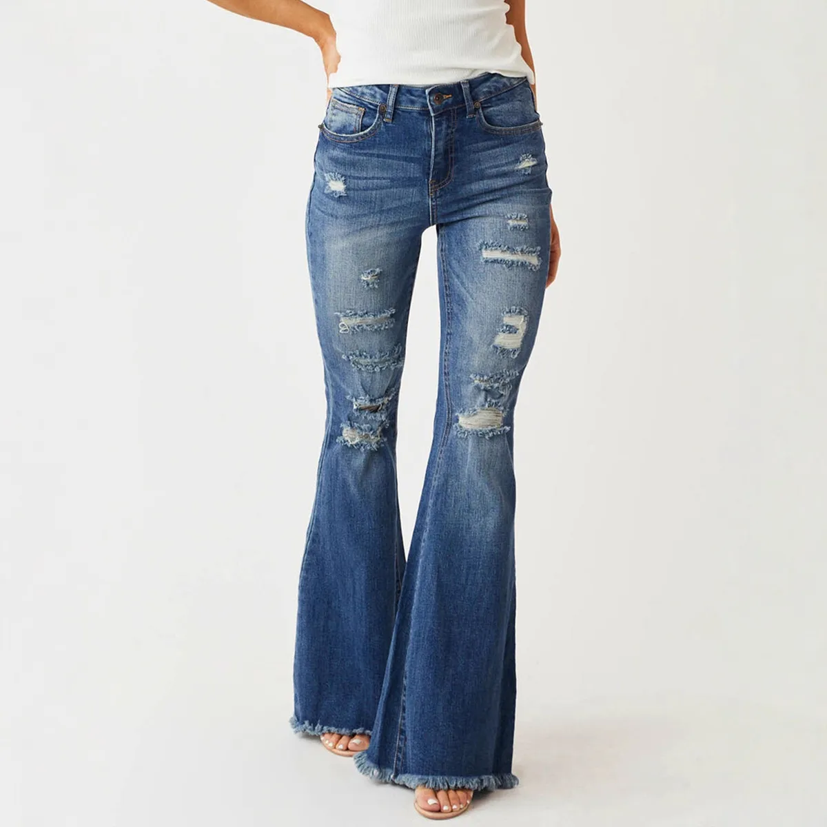 Women Fashion Retro Ripped Mid-Waist Slim-Fit Stretch Flared Jeans