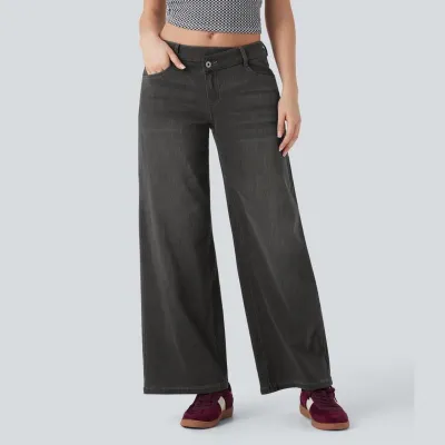 Women Fashion Casual Asymmetrical Low-Rise Slant Button Zip Wide Leg Jeans