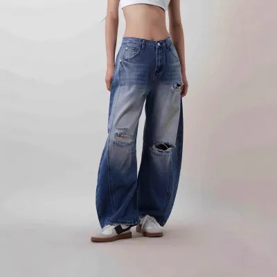 Women Fashion Casual Ripped Loose Wide Leg Jeans