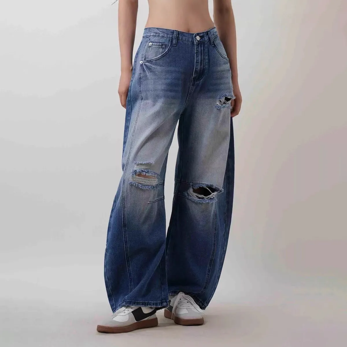 Women Fashion Casual Ripped Loose Wide Leg Jeans