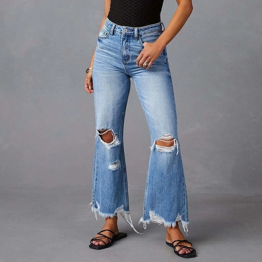 Women Fashion Casual Ripped Tassel Washed Flared Jeans
