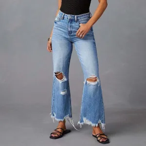 Women Fashion Casual Ripped Tassel Washed Flared Jeans