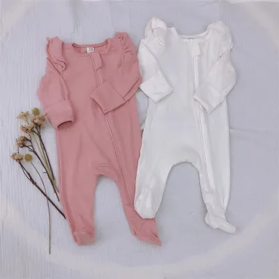 Kids Baby Girls Fashion Autumn And Winter Solid Color Long-Sleeve Stretch Cotton Rompers
