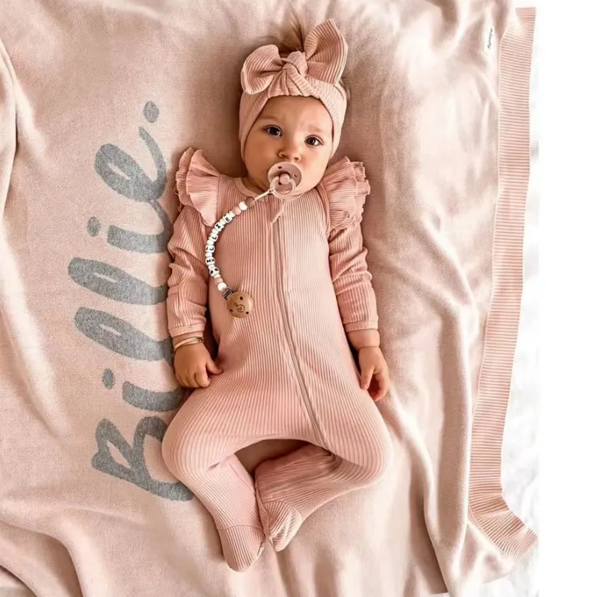 Kids Baby Girls Fashion Autumn And Winter Solid Color Long-Sleeve Stretch Cotton Rompers