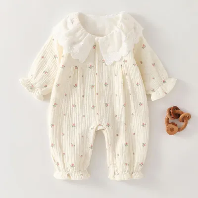 Kids Baby Girls Fashion Spring And Autumn Double-Layer Gauze Cotton Printed Long-Sleeve Rompers