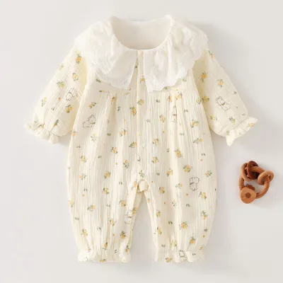 Kids Baby Girls Fashion Spring And Autumn Double-Layer Gauze Cotton Printed Long-Sleeve Rompers
