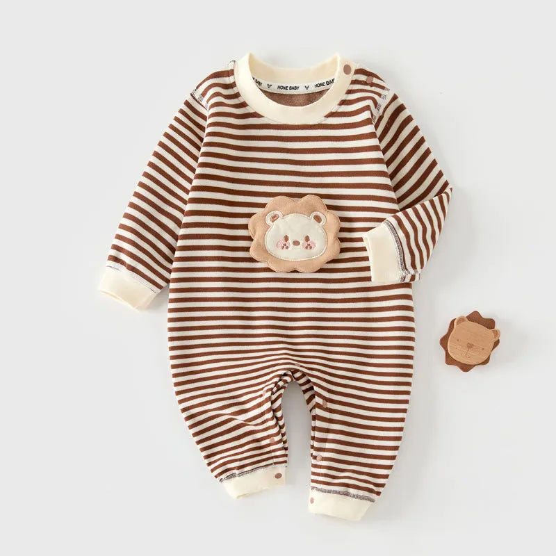 Kids Baby Boys And Girls Autumn And Winter Warm Stripe Printed Long-Sleeve Rompers