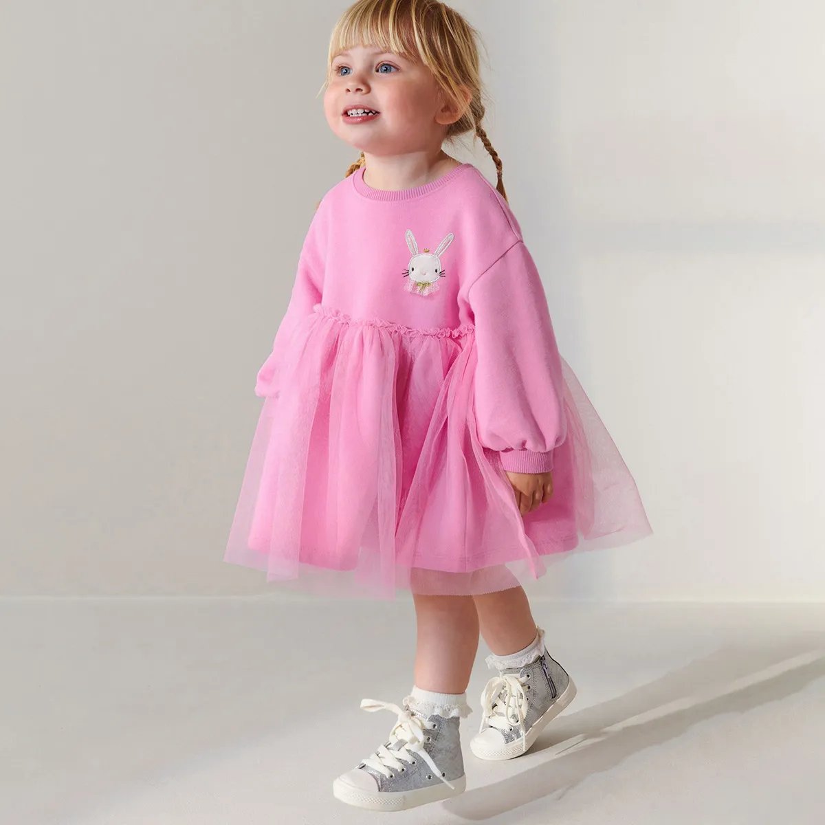 Kids Girls Fashion Casual Autumn Cotton Long Sleeve Mesh Stitching Dress