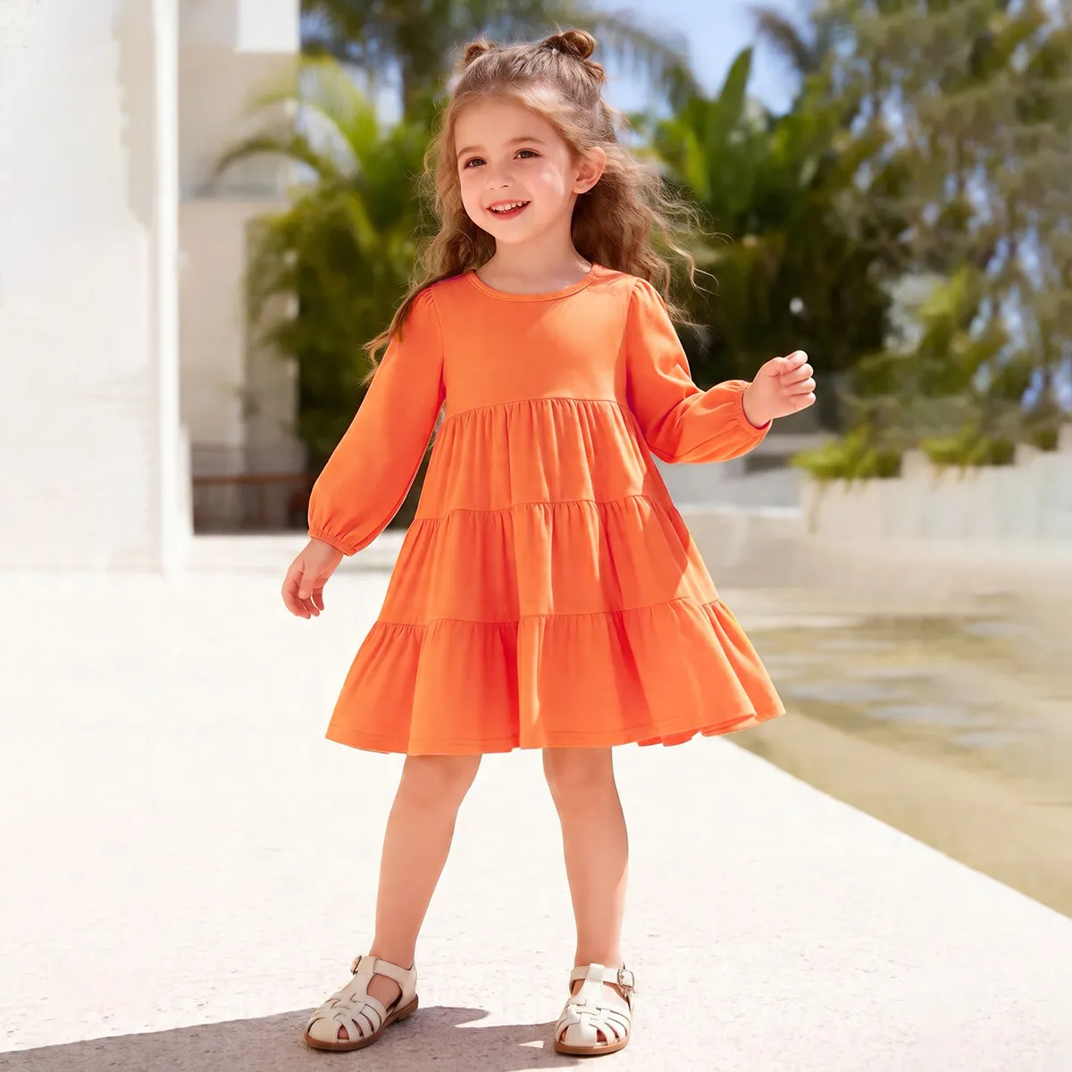 Kids Girls Fashion Casual Solid Color Long Sleeve Dress