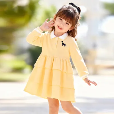 Kids Girls Fashion Casual Autumn Solid Color Lapel Long Sleeve Dress