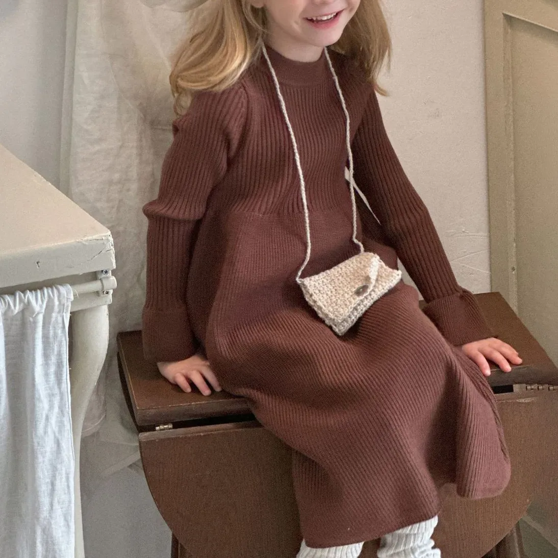Kids Girl'S Fashion Casual Spring And Autumn Solid Color Long-Sleeve Knitted Dress