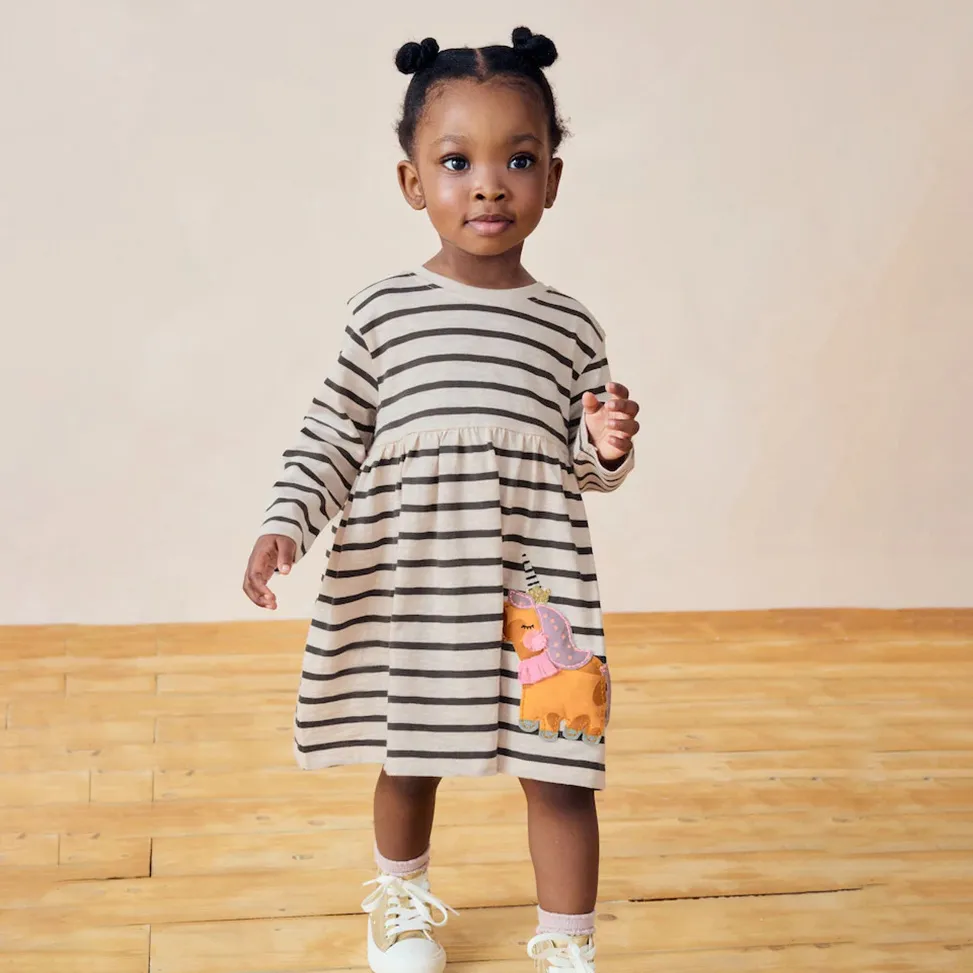 Kids Girls Fashion Casual Autumn Stripe Round Neck Long Sleeve Dress