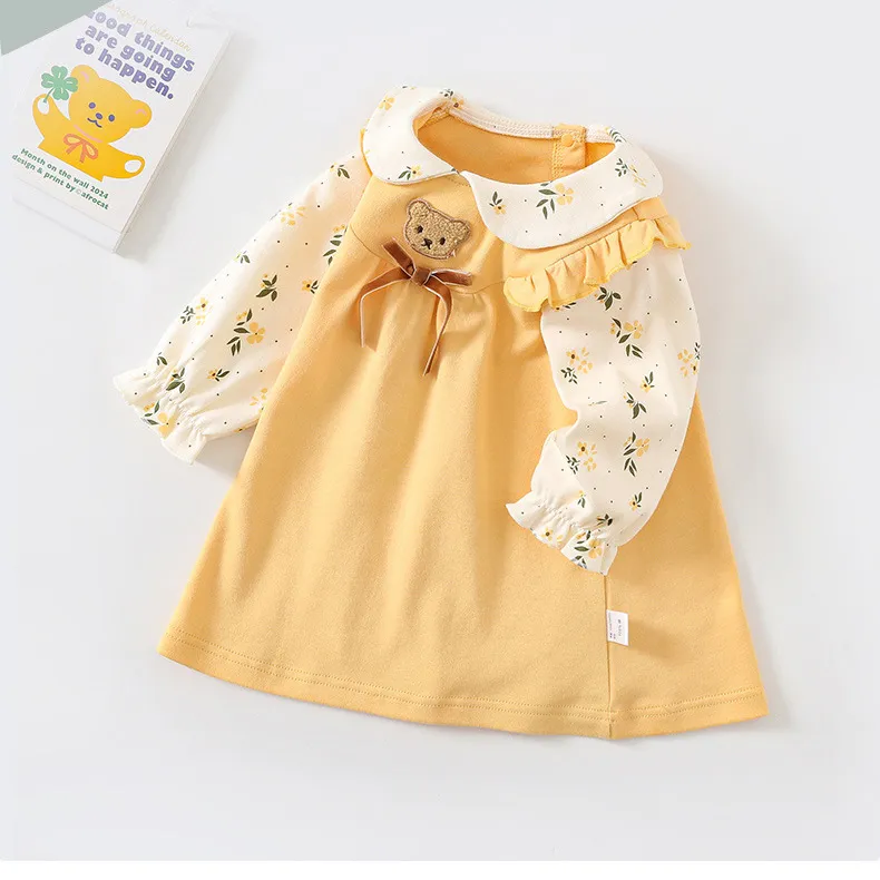 Kids Baby Girls Fashion Spring And Autumn Cute Stitching Lapel Long Sleeve Cotton Dress