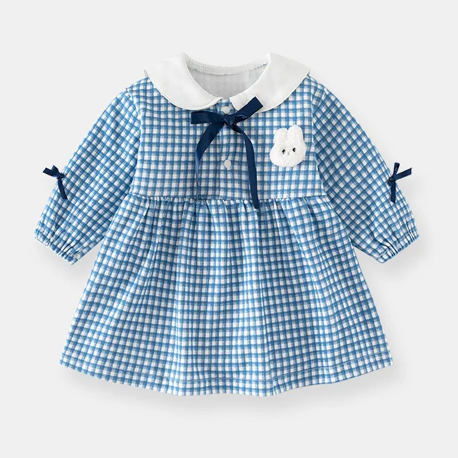 Kids Baby Girls Fashion Cute Spring Autumn Cotton Plaid Lapel Long-Sleeve Dress