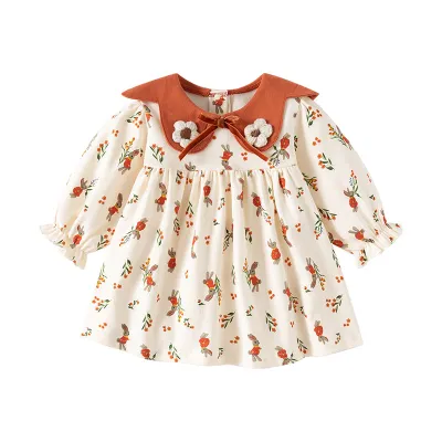 Kids Baby Girls' Fashion Cute Spring Cotton Printed Lapel Long Sleeve Dress