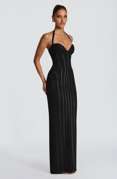 Women Fashion Elegant Solid Color Halter-Neck Fish Bone Waist Vertical Strip Split Party Dress