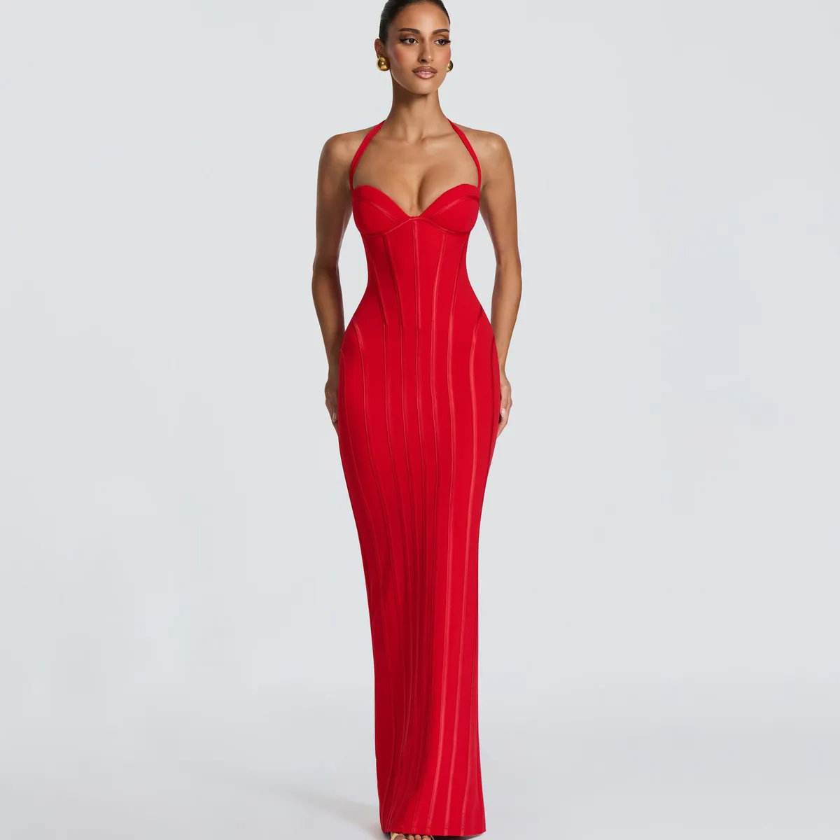 Women Fashion Elegant Solid Color Halter-Neck Fish Bone Waist Vertical Strip Split Party Dress