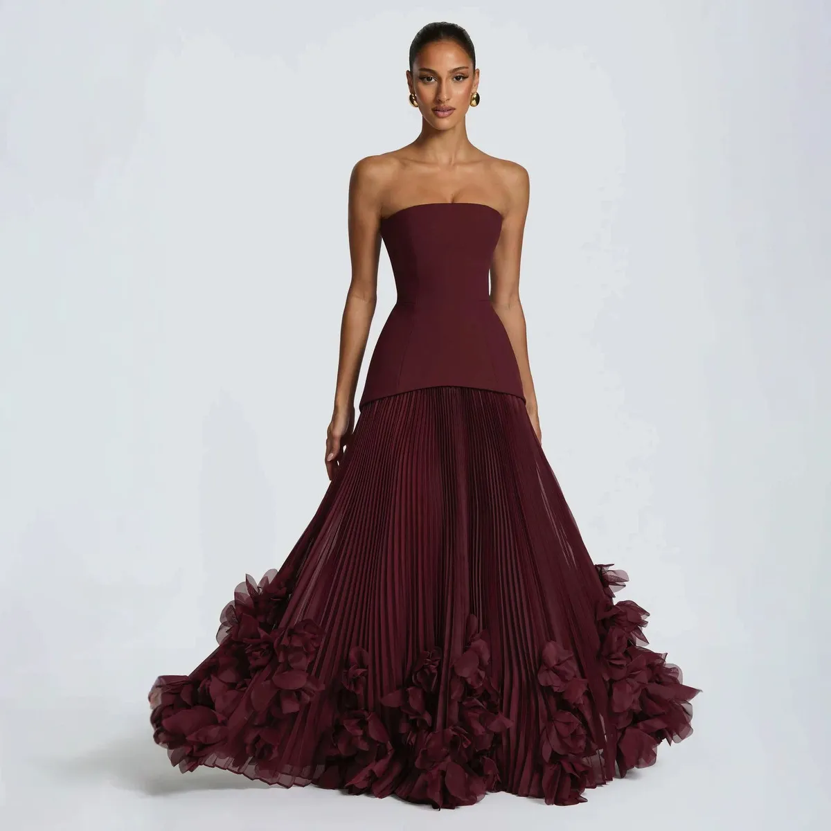 Women Fashion Elegant Solid Color Stitching Three-Dimensional Petal Pleated Large Trailing Evening Dress