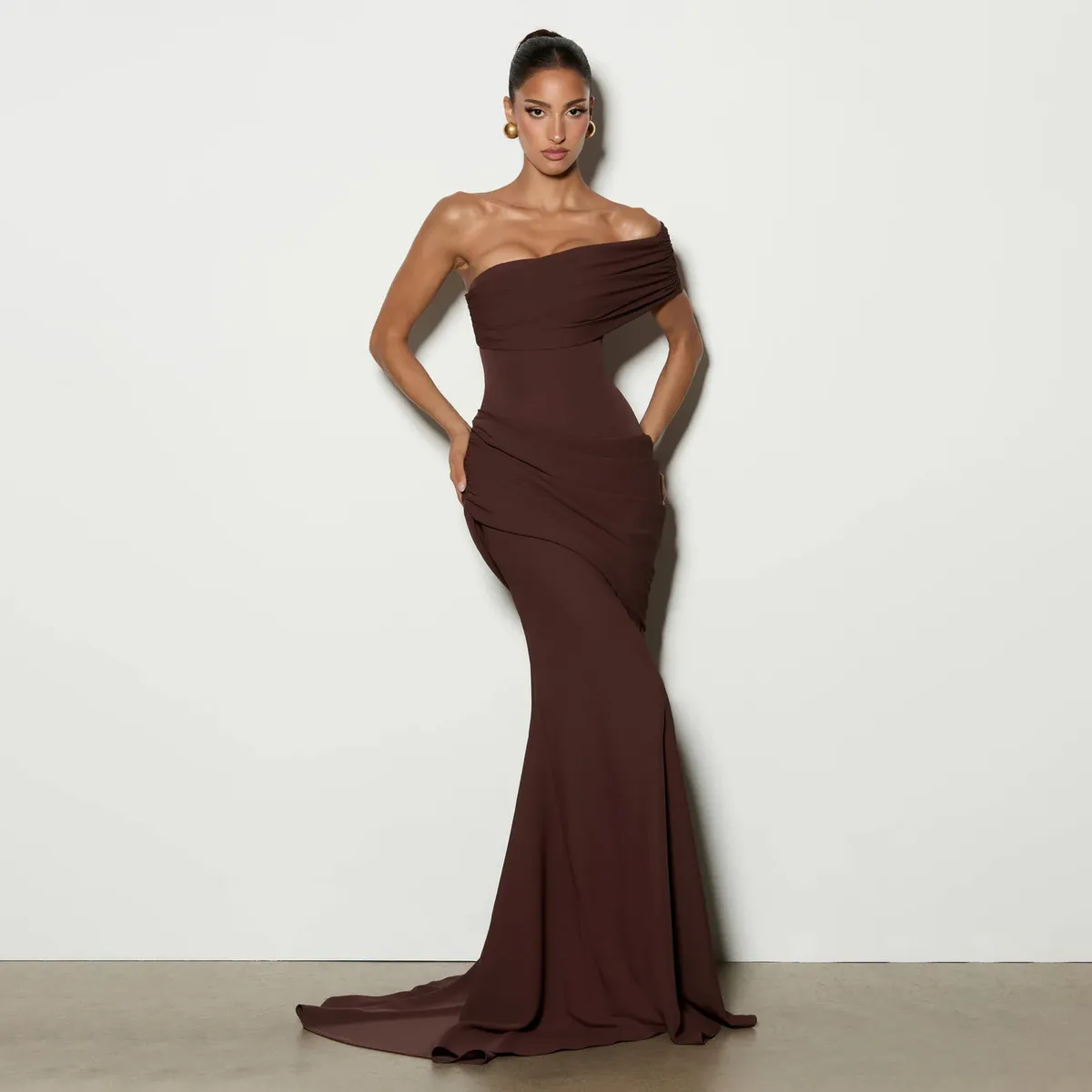Women Fashion Elegant Irregular Solid Color Slant Shoulder Design Tight Waist Party Dress