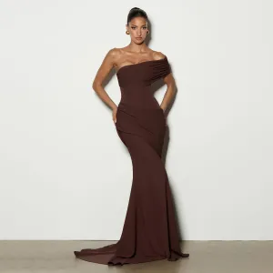 Women Fashion Elegant Irregular Solid Color Slant Shoulder Design Tight Waist Party Dress