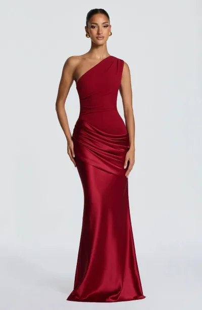 Women Fashion Elegant Solid Color Irregular Stitching Slanted Shoulder Sleeveless Slim Party Dress
