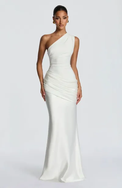 Women Fashion Elegant Solid Color Irregular Stitching Slanted Shoulder Sleeveless Slim Party Dress