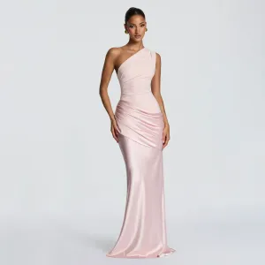 Women Fashion Elegant Solid Color Irregular Stitching Slanted Shoulder Sleeveless Slim Party Dress