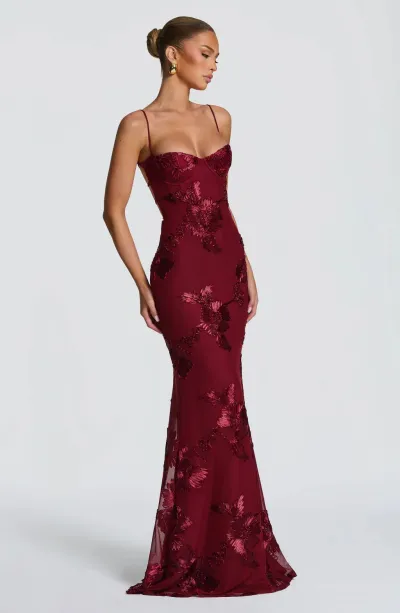 Women Fashion Elegant Summer Solid Color Flower Embroidered Spaghetti Strap Slim-Fit Backless Evening Dress