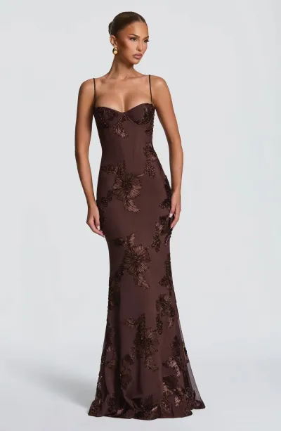 Women Fashion Elegant Summer Solid Color Flower Embroidered Spaghetti Strap Slim-Fit Backless Evening Dress